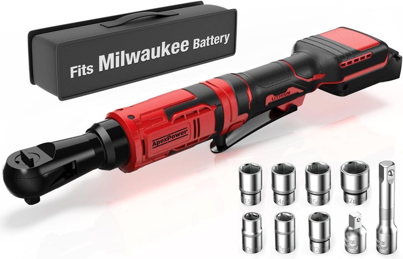 apex power 3/8 Inch Cordless Ratchet Wrench, for Milwaukee M18 Battery, 88Ft-Lbs, 0-400RPM, Electric Ratchet Wrench Set with Variable Speed Trigger, Reinforced Head, R&F Switch, 7 Sockets, 3/8" to 1/4" Adapter - Image 1